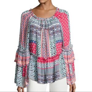 Parker Silk Patchwork Peasant Blouse Size Small Boho Mixed Scarf Print Multi